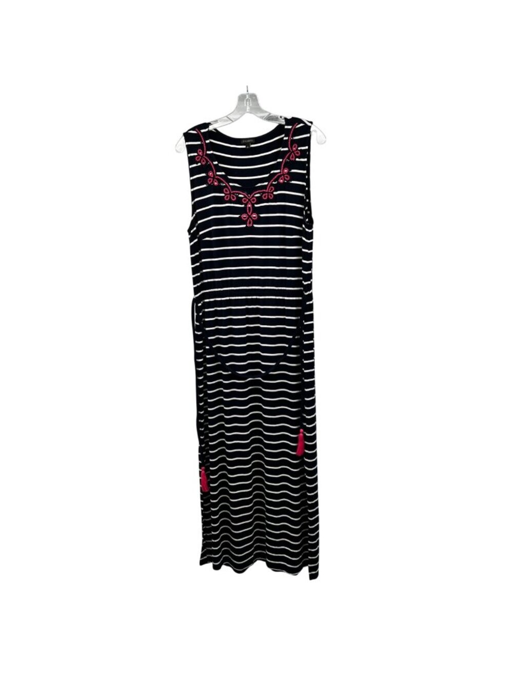 Talbots Striped Maxi Dress Sleeveless Braided Trim Navy/Multi Belted Large